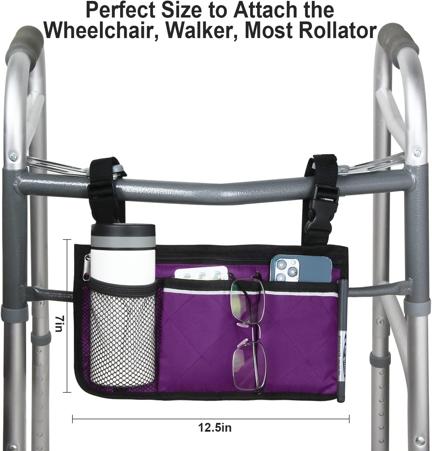 Wheelchair Side Bag, Wheelchair Armrest Storage Pouch with Cup Holder and Reflective Strip for Wheelchairs, Walkers or Rollators (Black)