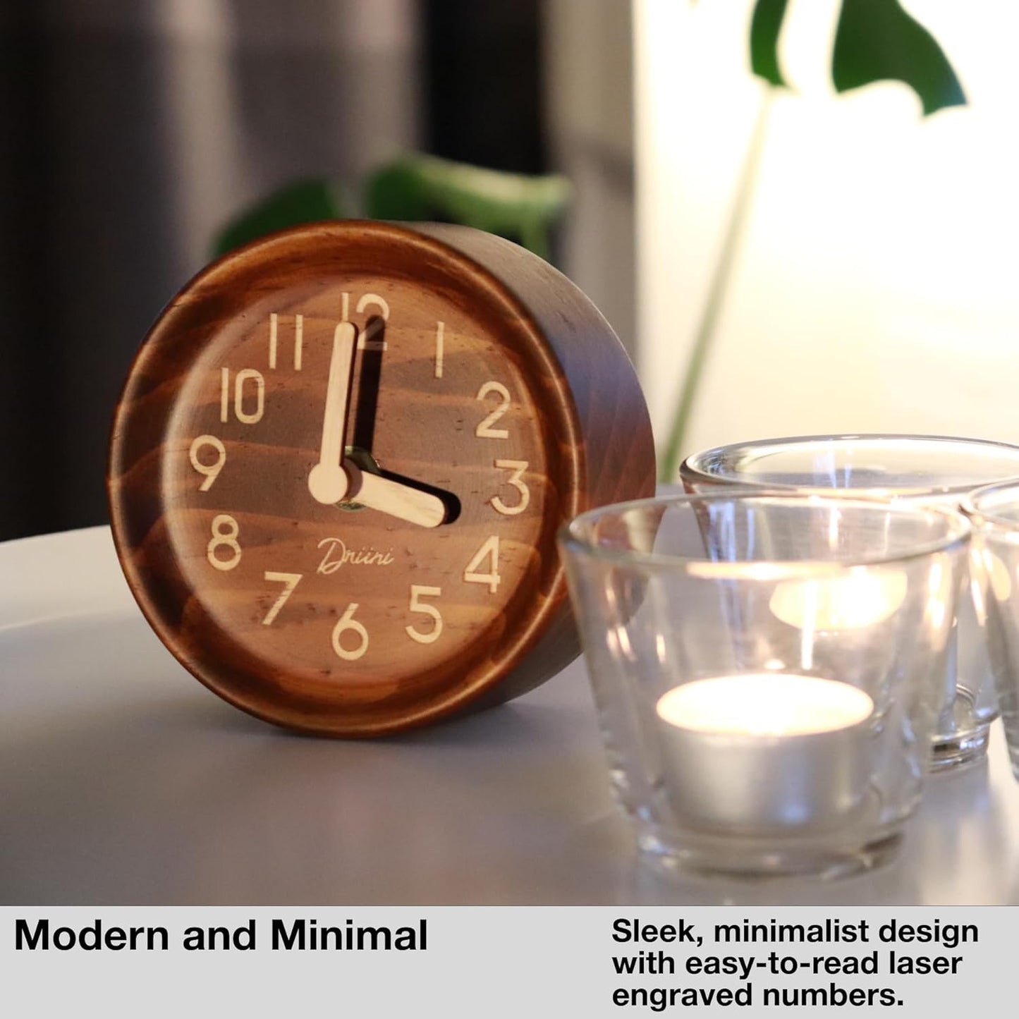 Driini Wooden Analog Desktop Clock – 4.3 in. Decorative Pinewood Clock, No-Tick Design – Easy to Read Silent Sweep Mantle Clock – Quiet Tabletop Clocks with Wood Body, Hands, & Battery Cover; White