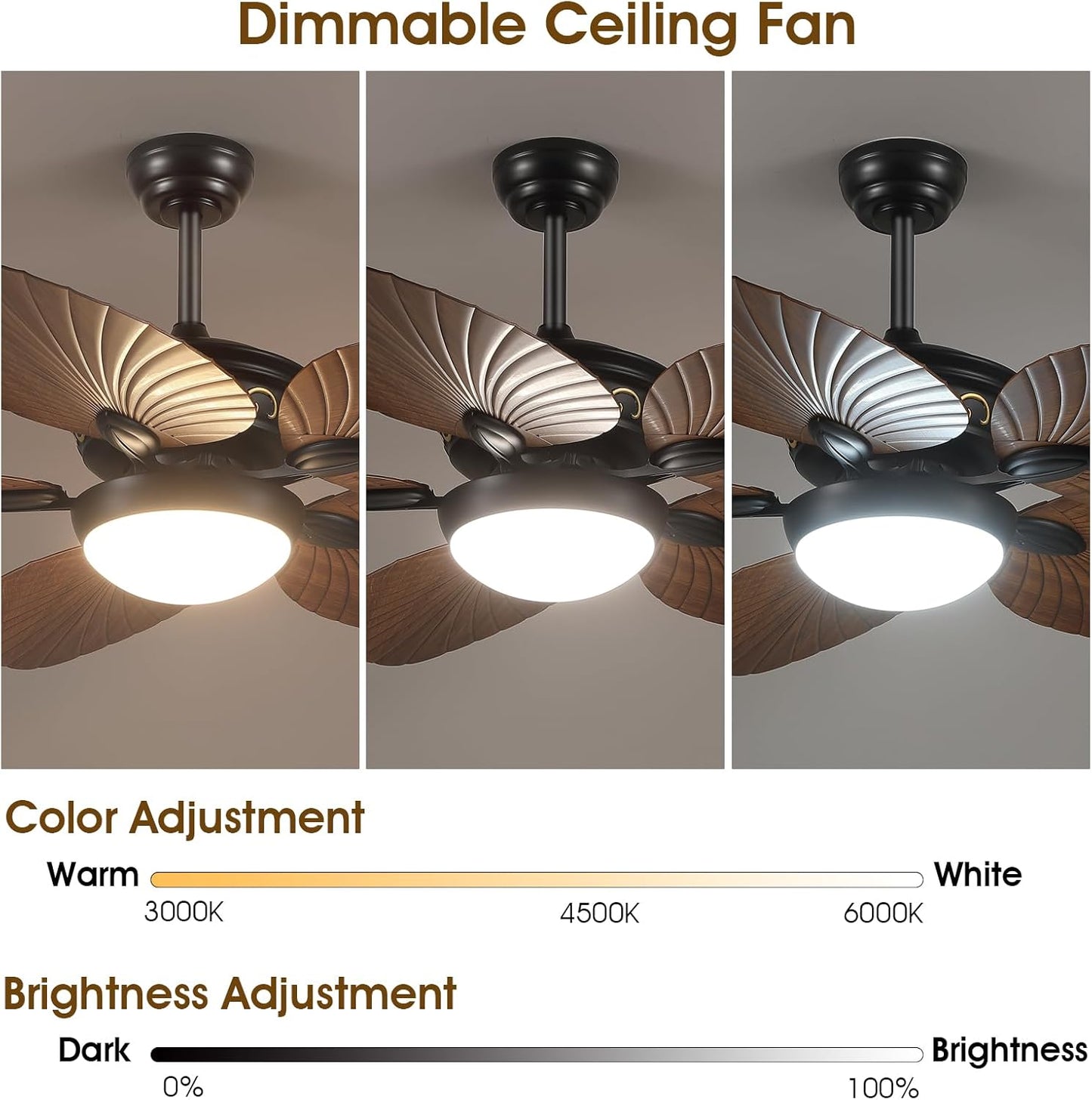 Wiviniya Ceiling Fans with Lights and Remote/APP Control, 44 Inch Tropical Palm Leaf Ceiling Fan with LED Lights, Outdoor Ceiling Fans for Patios Porch, Reversible Quiet Motor, Dimmable, Light Brown