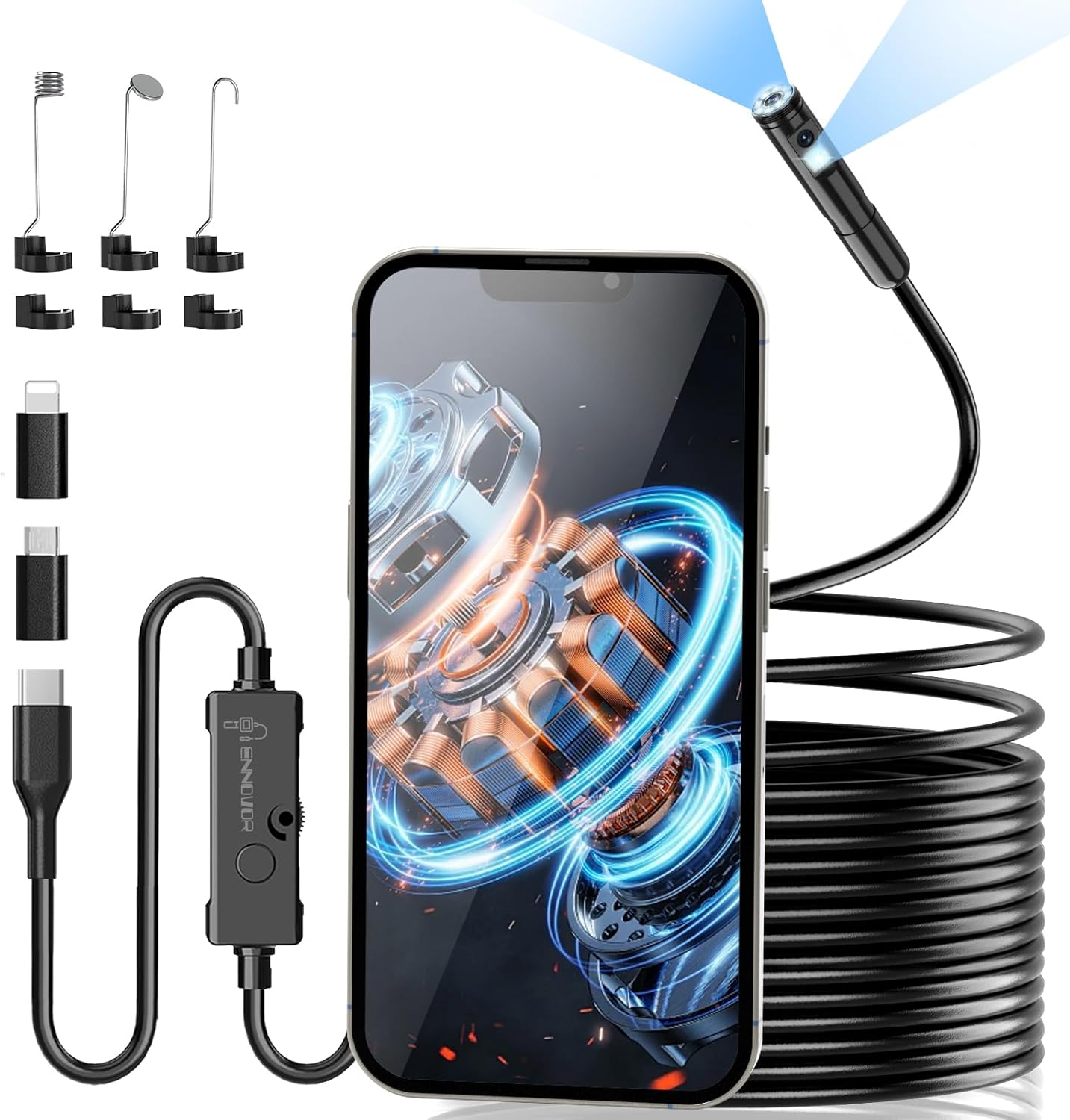 Endoscope Camera with Light, Ennovor 1920P HD, Endoscope Inspection with 8 Adjustable LED Lights, Borescope with Flexible Rigid Snake Camera, IP67 Waterproof and No WiFi Required, for Android iOS
