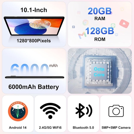 Kids Tablet Android 14 Tablet, 2025 Newest 10.1 inch Tablets, 20GB+128GB/1TB Expandable, Tablets with WiFi 6, Octa-Core, Widevine L1, Parental Control, Dual Camera, Bluetooth 5.0, Tablet EVA - Blue - PuriLite