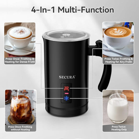Secura Electric Milk Frother, Automatic Milk Steamer Warm or Cold Foam Maker for Coffee, Cappuccino, Latte, Stainless Steel Milk Warmer with Strix Temperature Controls (Black) - PuriLite