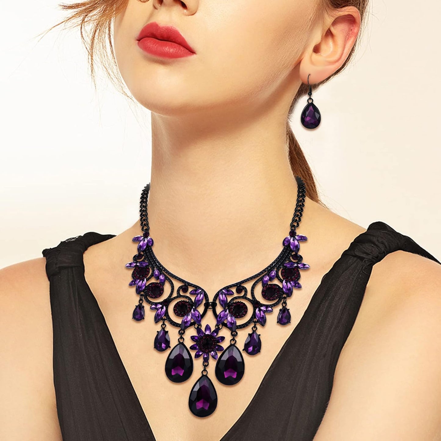 BriLove Women's Tribal Ethnic Crystal Chunky Statement Necklace Dangle Earrings Set