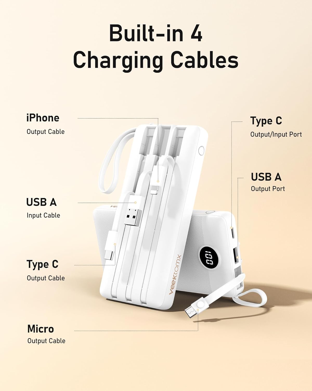 VEEKTOMX Power Bank with Built-in Cables 10000mAh Portable Charger for iPhone Slim Fast Charge USB C Battery Pack Travel Essentials Powerbank Compatible with iPhone, Samsung, Android, etc