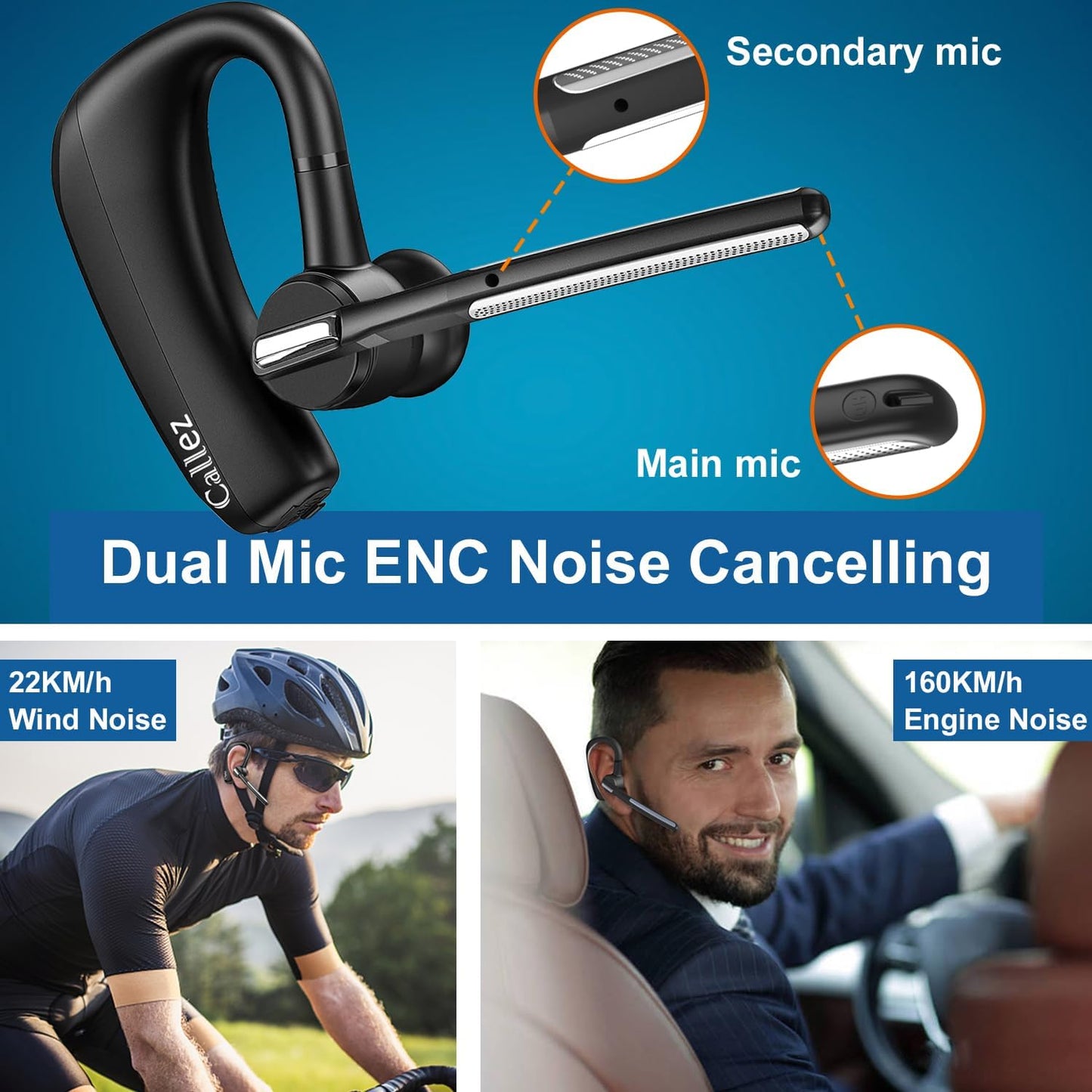 Bluetooth Headset for iPhone Android Cell Phone, Bluetooth Earpiece V5.0 with CVC8.0 Dual Mic Noise Cancelling & Mute/Volume Buttons, Hands-Free Wireless Headset for Trucker Office Business