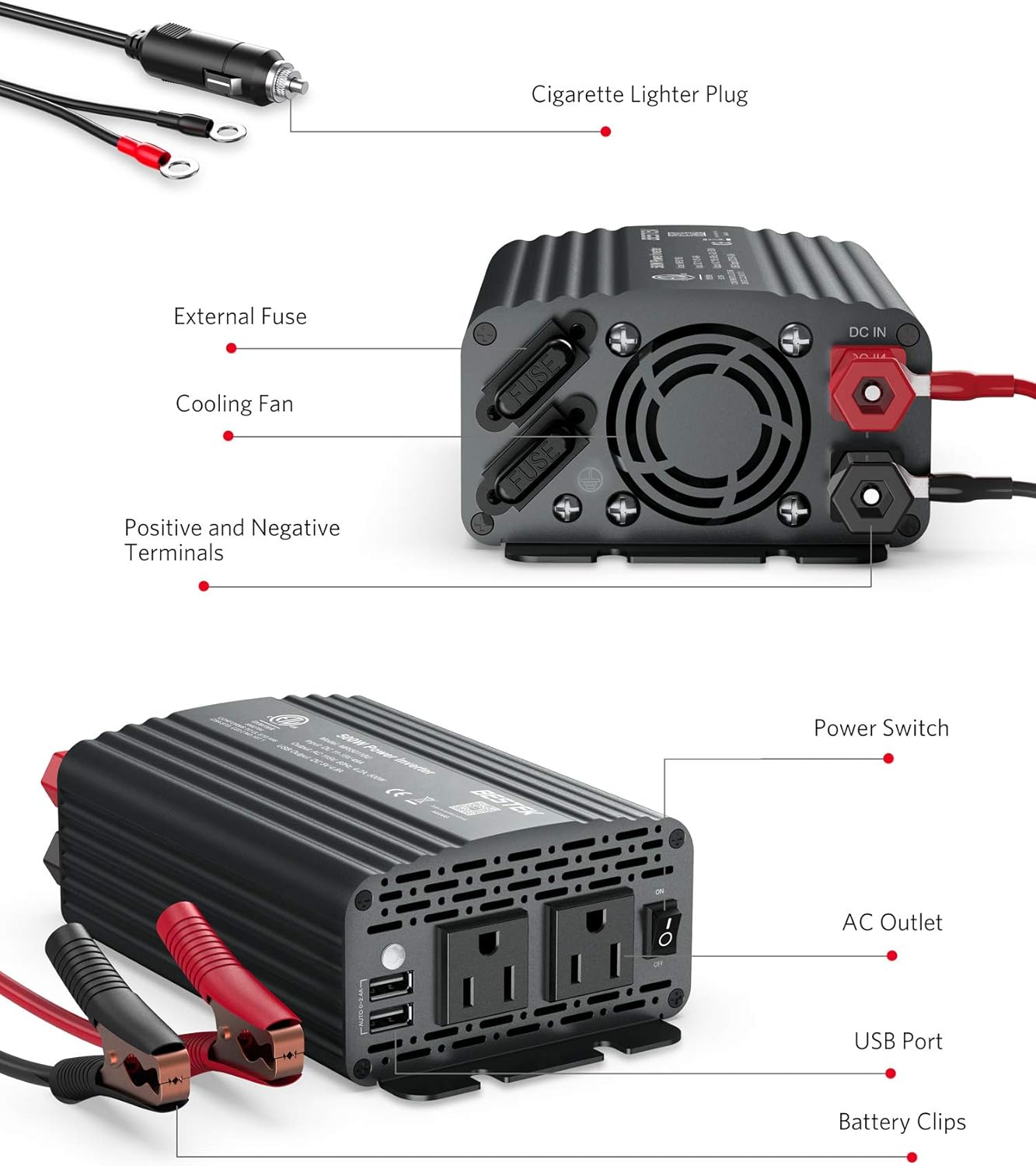 BESTEK 500W Power Inverter DC 12V to 110V AC Converter with Alligator Battery Clamp 4.8A Dual USB Car Charger ETL Listed