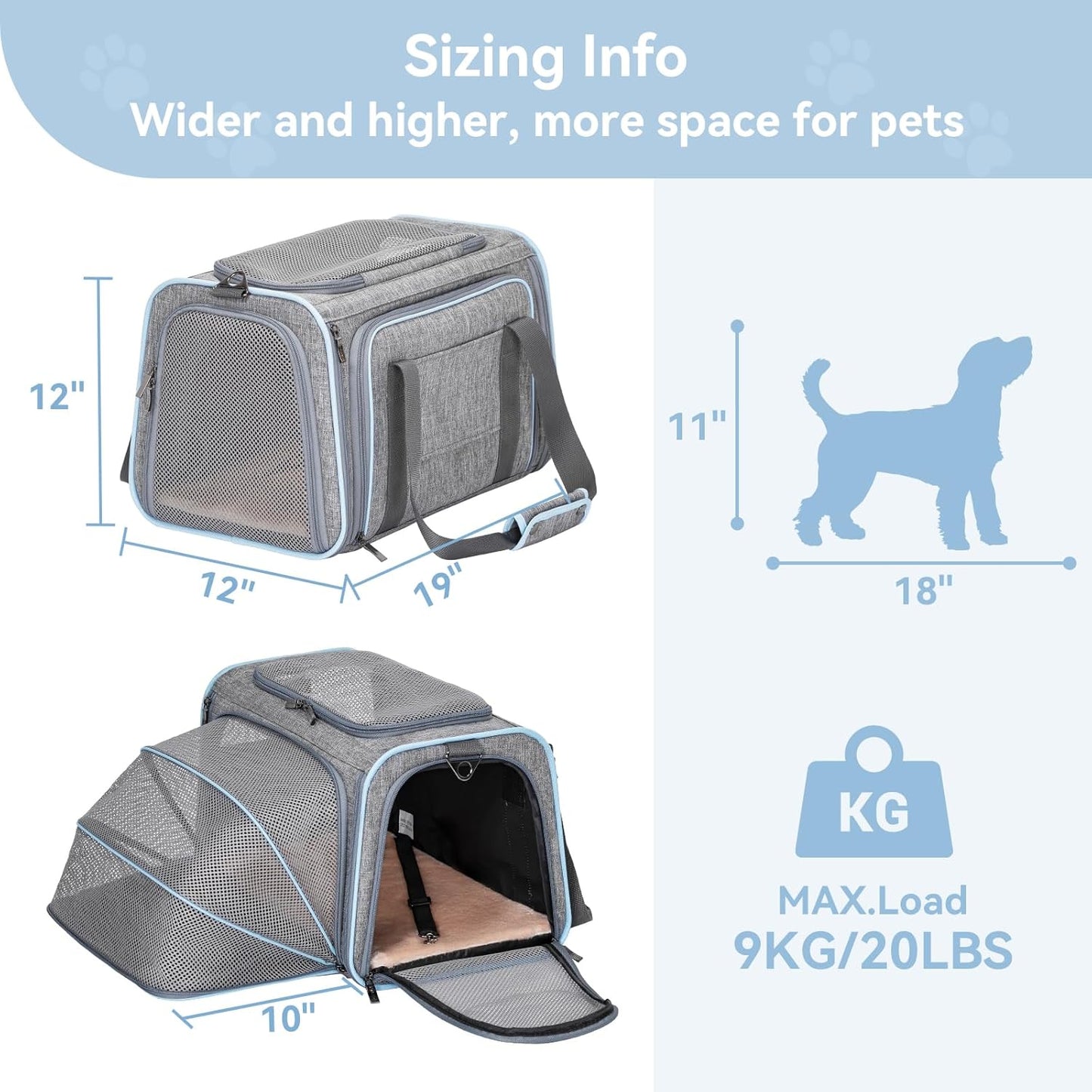 Petsfit Expandable Cat Dog Carrier Airline Approved, 17" L x 11" W x 11" H Soft-Sided Portable Pet Travel Carrier for Kitten, Puppy, Removable Soft Plush Mat and Pockets, Auto-Locking Zippers