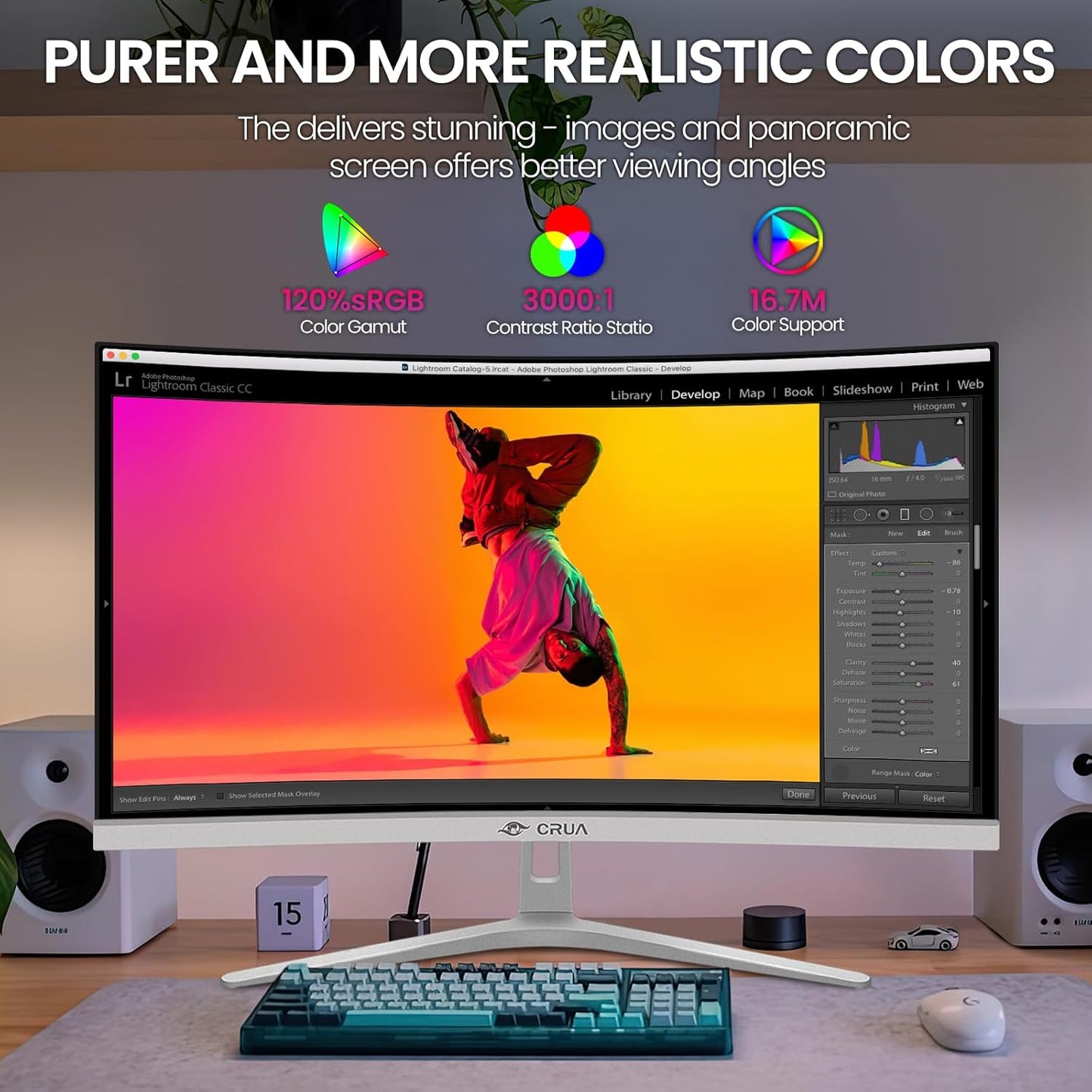 CRUA 34 Inch Curved Gaming Monitor 144HZ, White 21:9 Ultra Wide PC Monitor 1500R WQHD 3440X1440P 120% sRGB Computer Display/VA Panel/PIP& PBP/HDMI2.0 & DP1.4/Tilt Adjustment/Wall Mountable