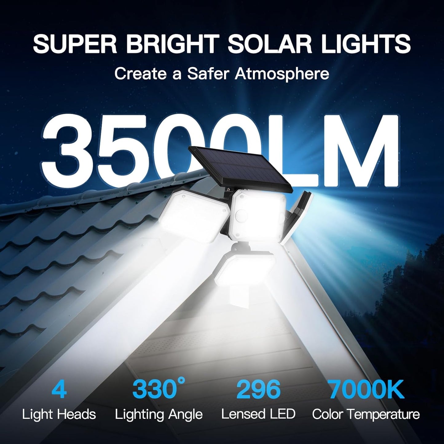 Solar Lights Outdoor Motion Sensor - Dual Sensor 296 LED 3500LM 7000K with 5M Cord for Outside Security Lighting - IP65 Waterproof and Remote Control Flood Lights for Yard, Garage, Garden (2 Pack)