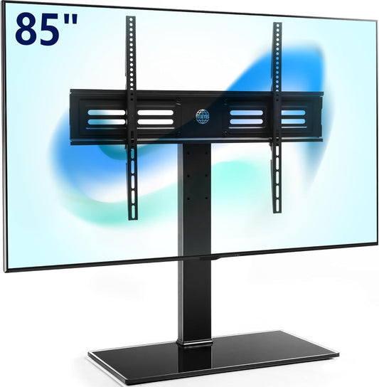 FITUEYES Universal TV Stand for 50-85 inch TVs | 44 Inch Tall Table Top TV Stand with 80° Swivel | Holds up to 143lbs | Max VESA 800x600mm | for Living Room