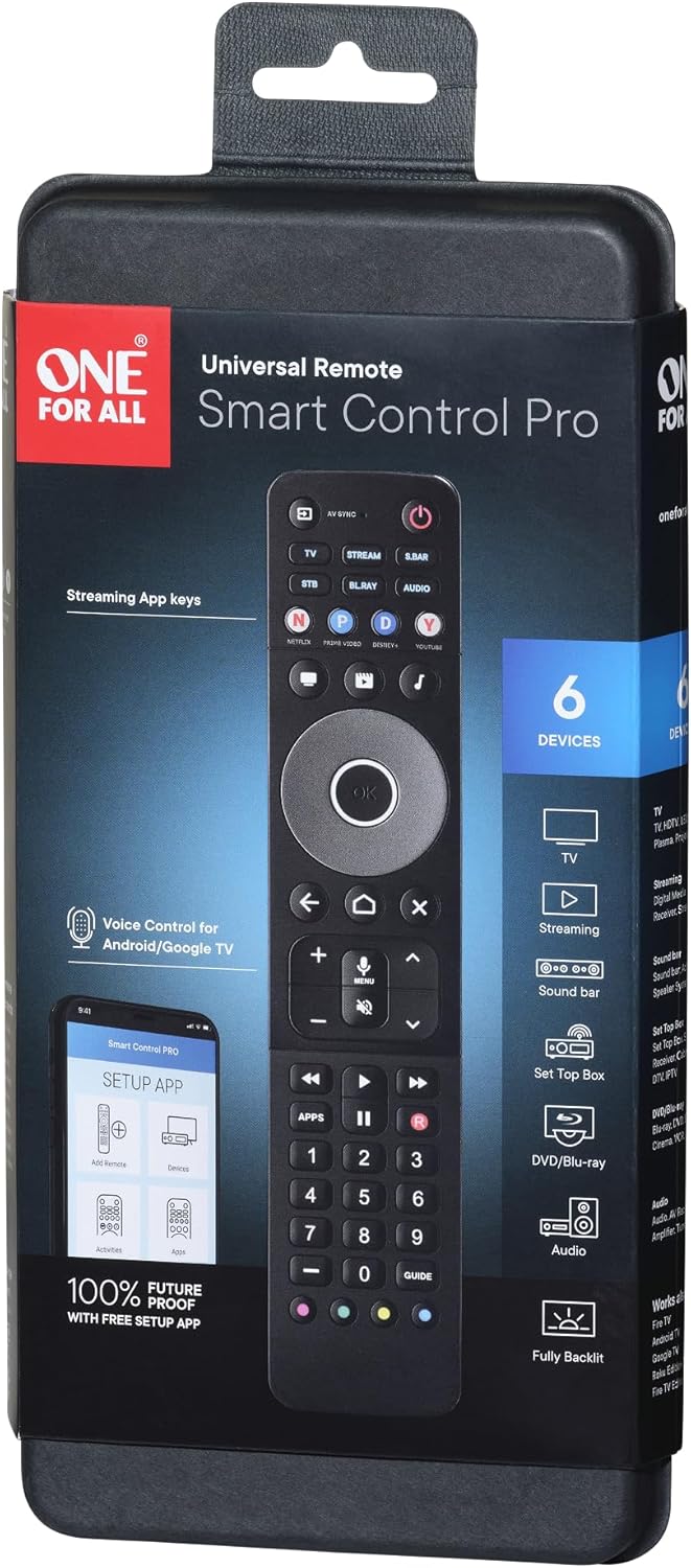 One For All Smart Control Pro - Voice Control for Android/Google TV, 3 Activity Modes + Shortcuts, Free Remote Setup via My Nevo App, Full Backlight for Day and Night Readability (URC7966 - Black)