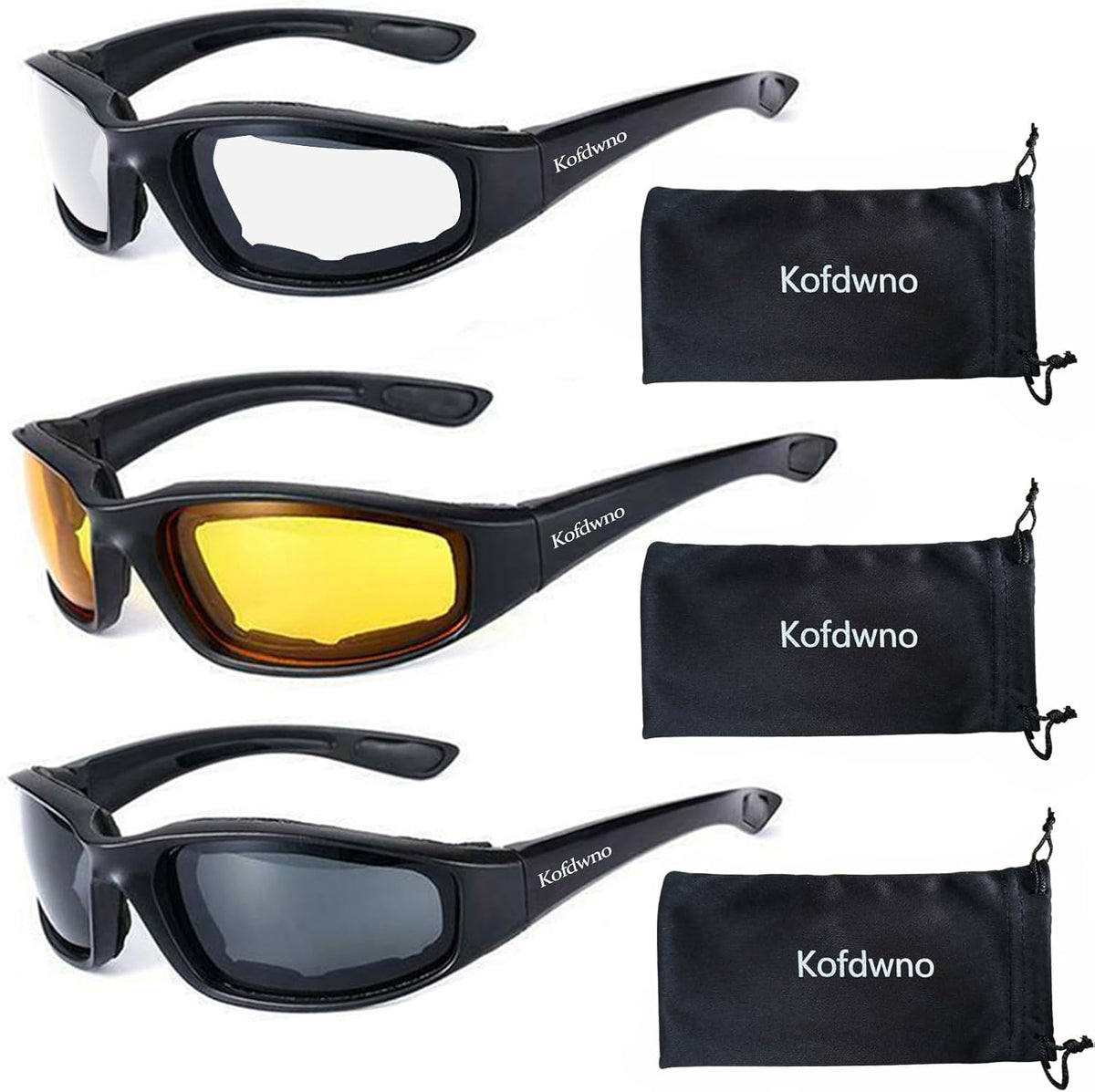 3 Pairs Motorcycle Riding Glasses Foam Padded Eyewear Goggles UV Protection Anti-Wind Dustproof Motorcycle Sunglasses for Outdoor Activities Sports-Clear Yellow Smoke - PuriLite