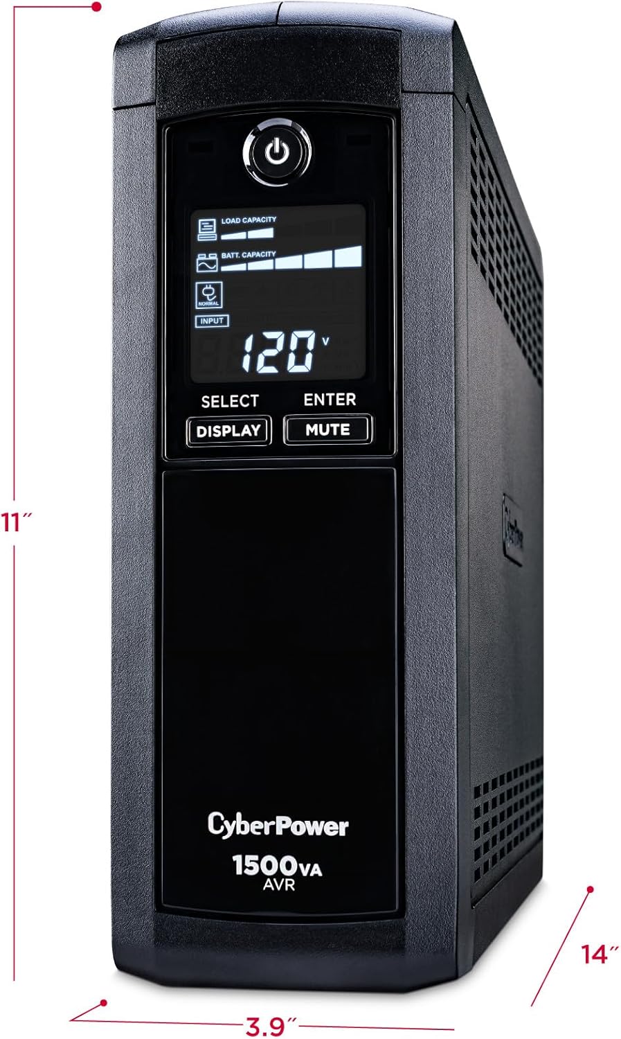 CyberPower CP1500AVRLCD3 Intelligent LCD UPS System, 1500VA/900W, 12 Outlets, 2 USB Ports, AVR, Mini Tower, Black