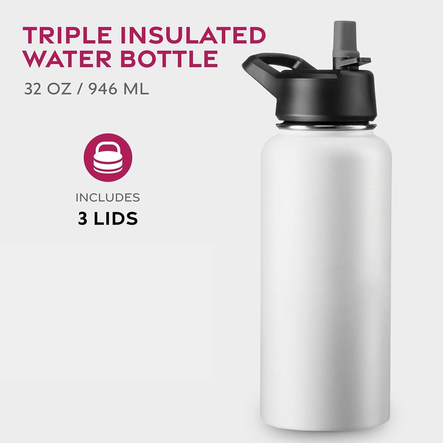 FineDine Water Bottle - Stainless Steel Insulated Water Bottle with Straw Lid, Flip Lid & Wide-Mouth Cap - Keeps Hot and Cold - 25 Oz / 739ml - Pure Pearly White