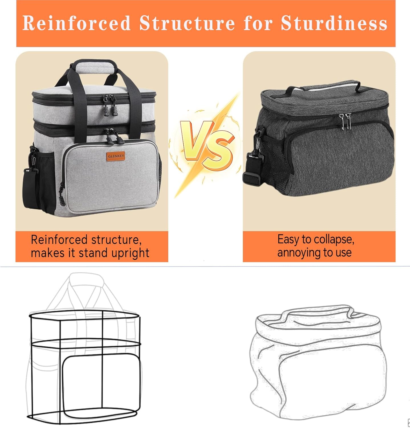 Expandable Large Lunch Bag, Double Deck Insulated Lunch Box Leakproof Durable Soft Cooler Bag for Men Women Adults Work Construction Beach Picnic Daytrip,16L,Black, GLENKEY