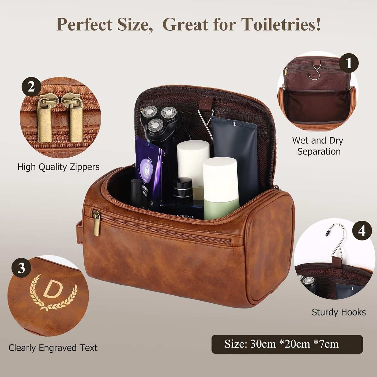 OXYEFEI Toiletry Bag Men,Gifts for Men,Mens Toiletry Travel Shaving Dopp Kit Bag with Initial PU Leather Cosmetic Bags Organizer Storage Accessories (R)