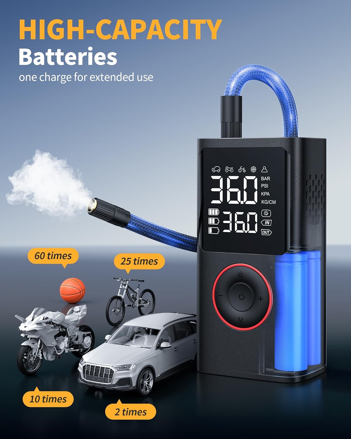 Powools Tire Inflator Portable Air Compressor, 150 PSI Cordless Mini Bike Tire Pump, Air Pump for Auto, Motorcycle, Bicycle, Balls with Pressure Gauge&LED Light, Black, 8.89 X 4.75 X 13.79 CM