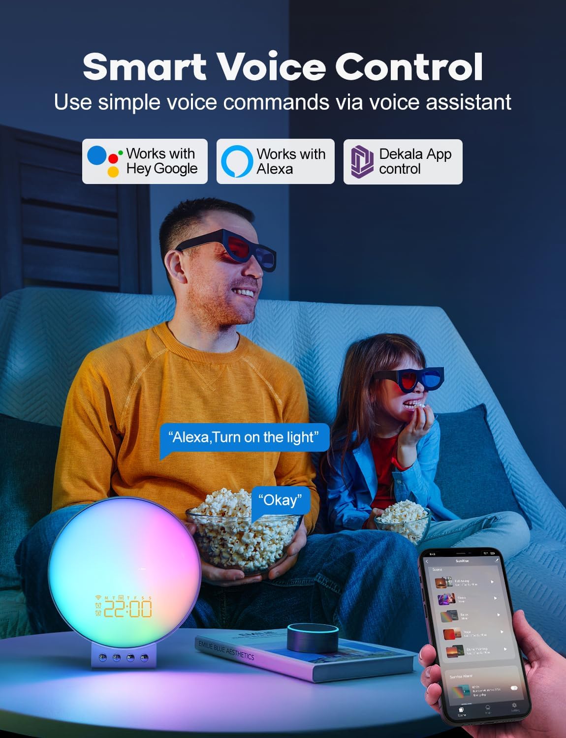 Sunrise Alarm Clock for Heavy Sleepers, Wake Up Light with Sunrise/Sunset Simulation, Dual Alarms & Natural Sounds, Snooze & Sleep Aid, FM Radio, 7 Colors Night Light for Bedroom, Ideal for Gift