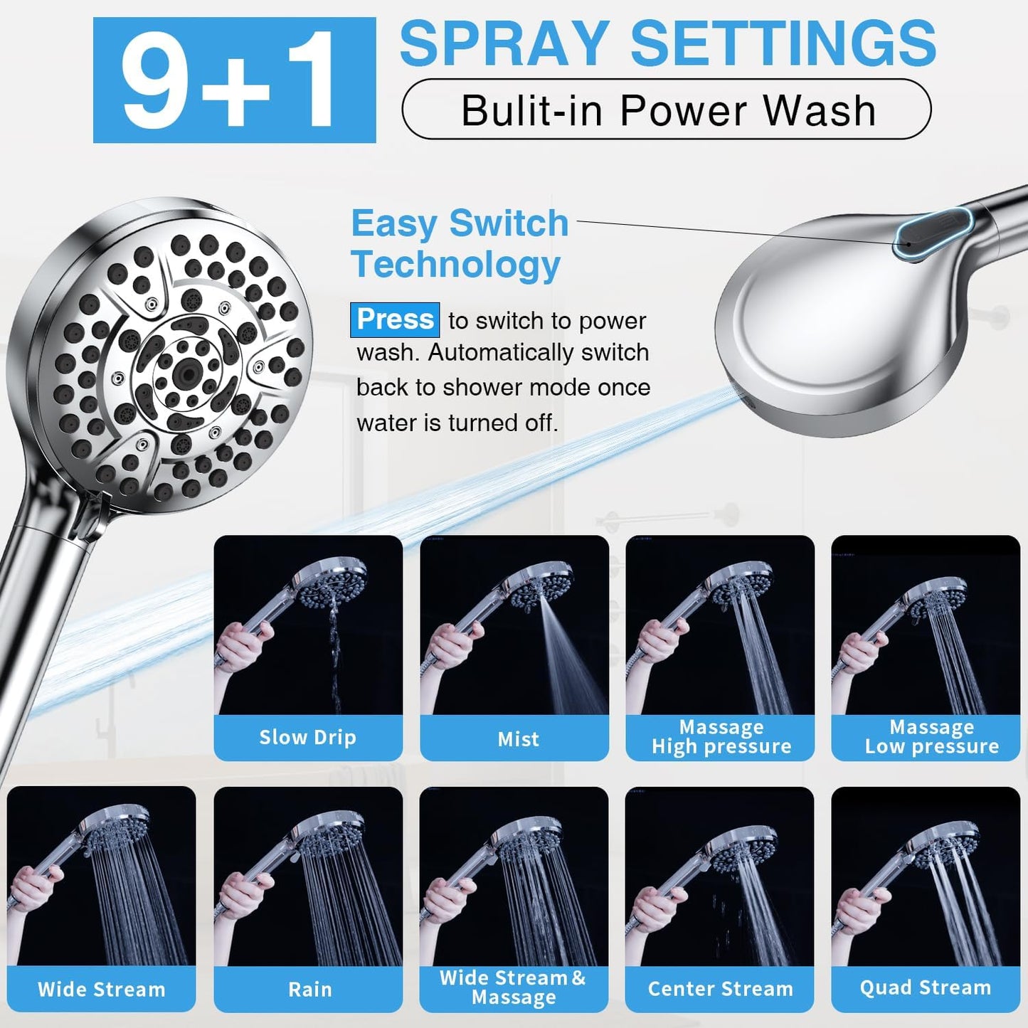 PALAS Rainfall Shower Head/Handheld Showerheads Combo, High Pressure Shower Head with Filter, Reinforced 60" Hose/Holder,Extension Arm Height/Angle Adjustable, Anti-Clog Nozzle (Chrome-8 Inches)