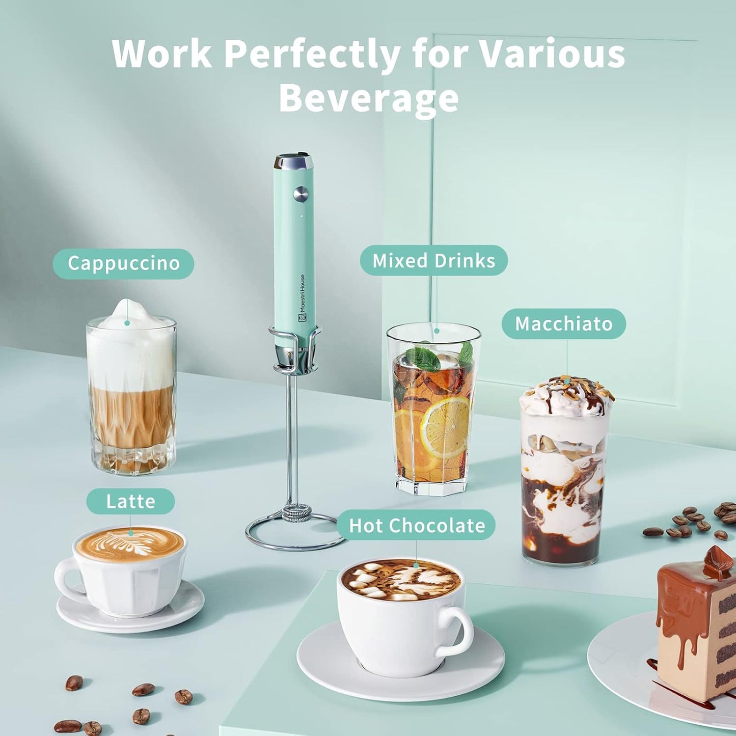 Maestri House Rechargeable Milk Frother, Handheld Electric Foam Maker Waterproof Detachable Stainless Steel Whisk Drink Mixer Foamer with Stand,LunaFro