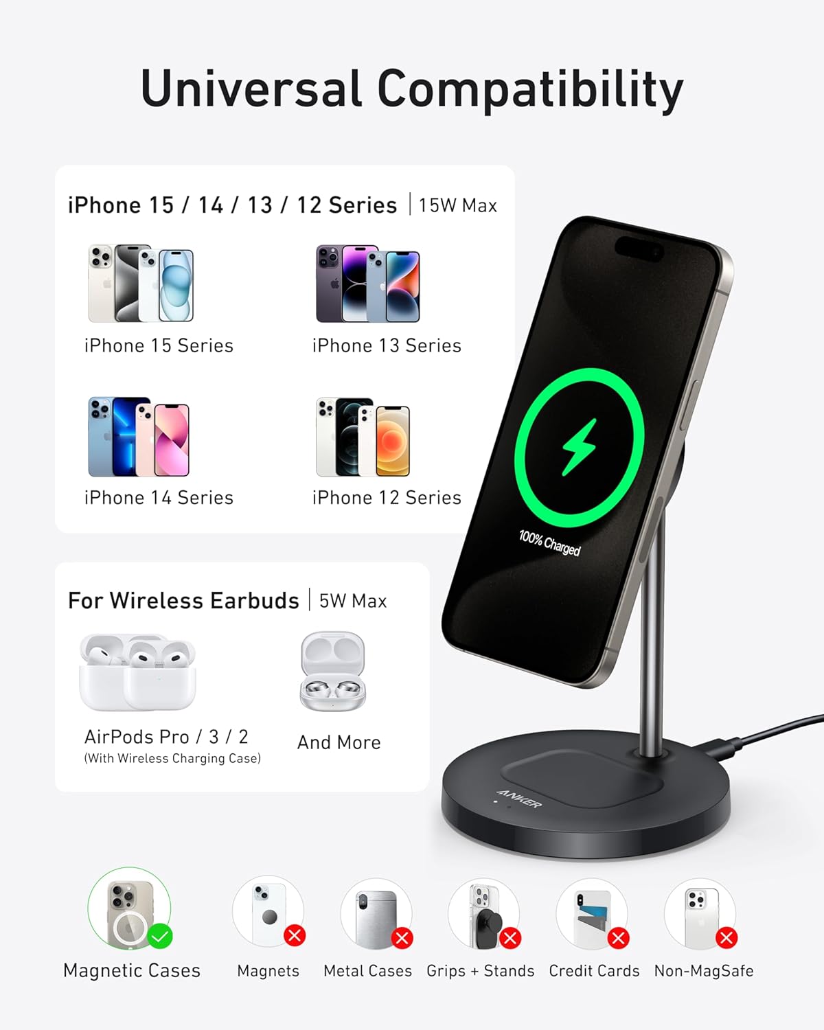 Anker MagSafe Compatible MagGo Charger Stand, iPhone 16 Wireless Charger, 2-in-1 Charging Station, Qi2 Certified 15W Max Charging, for iPhone 16/15/14/13/12, AirPods Pro (White, with 40W Adapter)