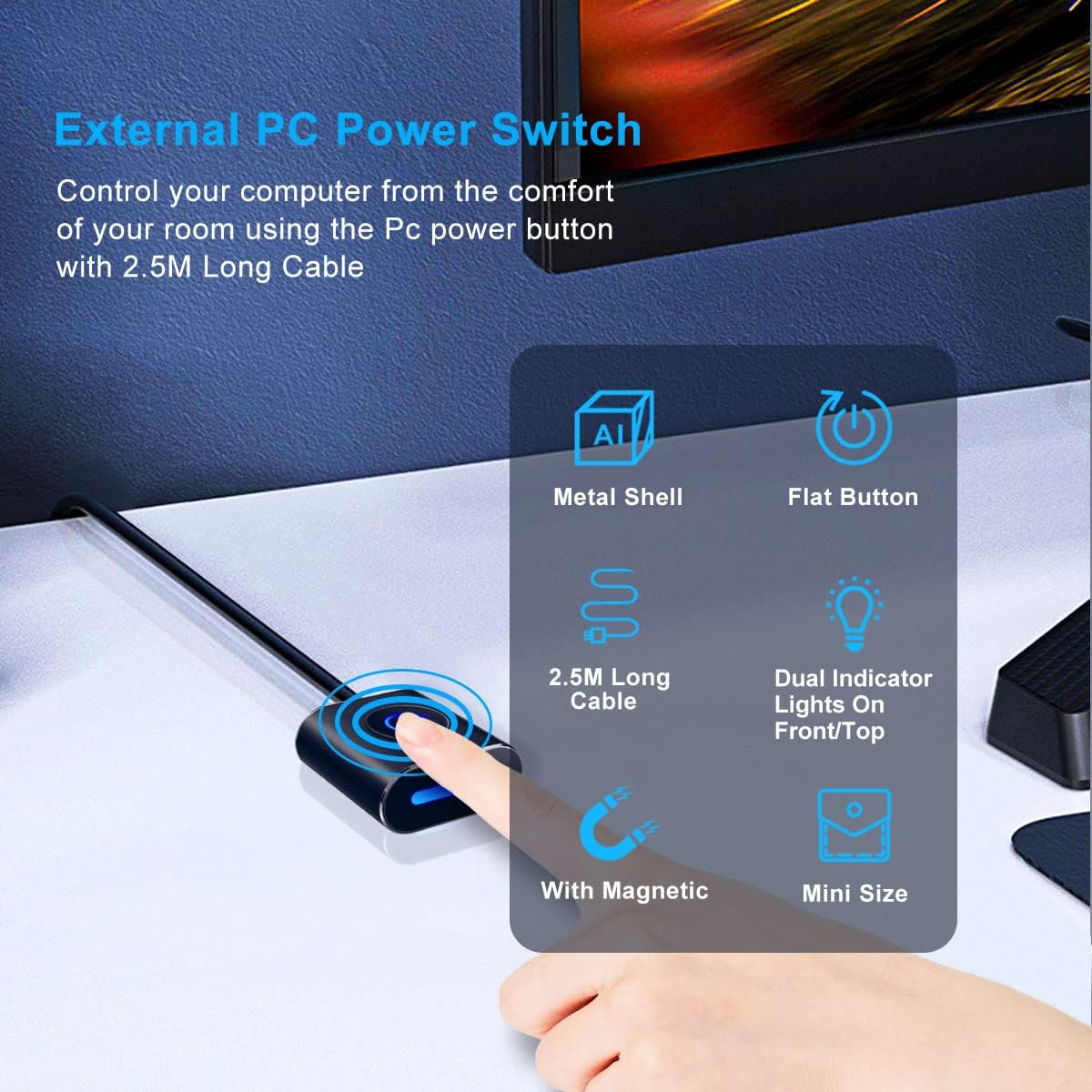 COOIDEA Desktop Computer Power Switch, External PC Power Button, Power Supply Control Adapter Cable 2.5M, ATX Desktop Computer Motherboard Power SW Cables with Magnet, Black