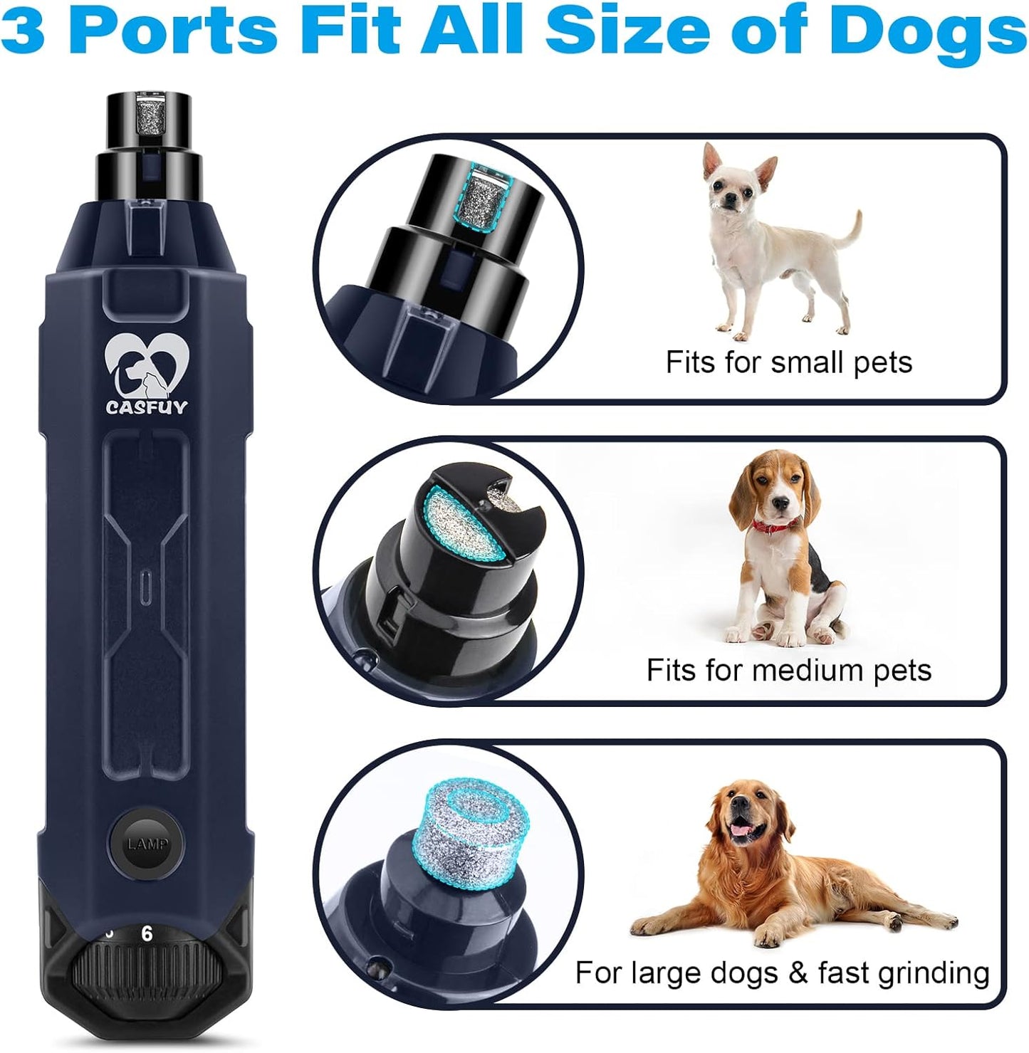 Casfuy 6-Speed Dog Nail Grinder Newest - Super Quiet Pet Nail Grinder Rechargeable Electric Dog Nail Trimmer Professional Paws Grooming & Smoothing Tool for Large Medium Small Dogs (Bright Blue)
