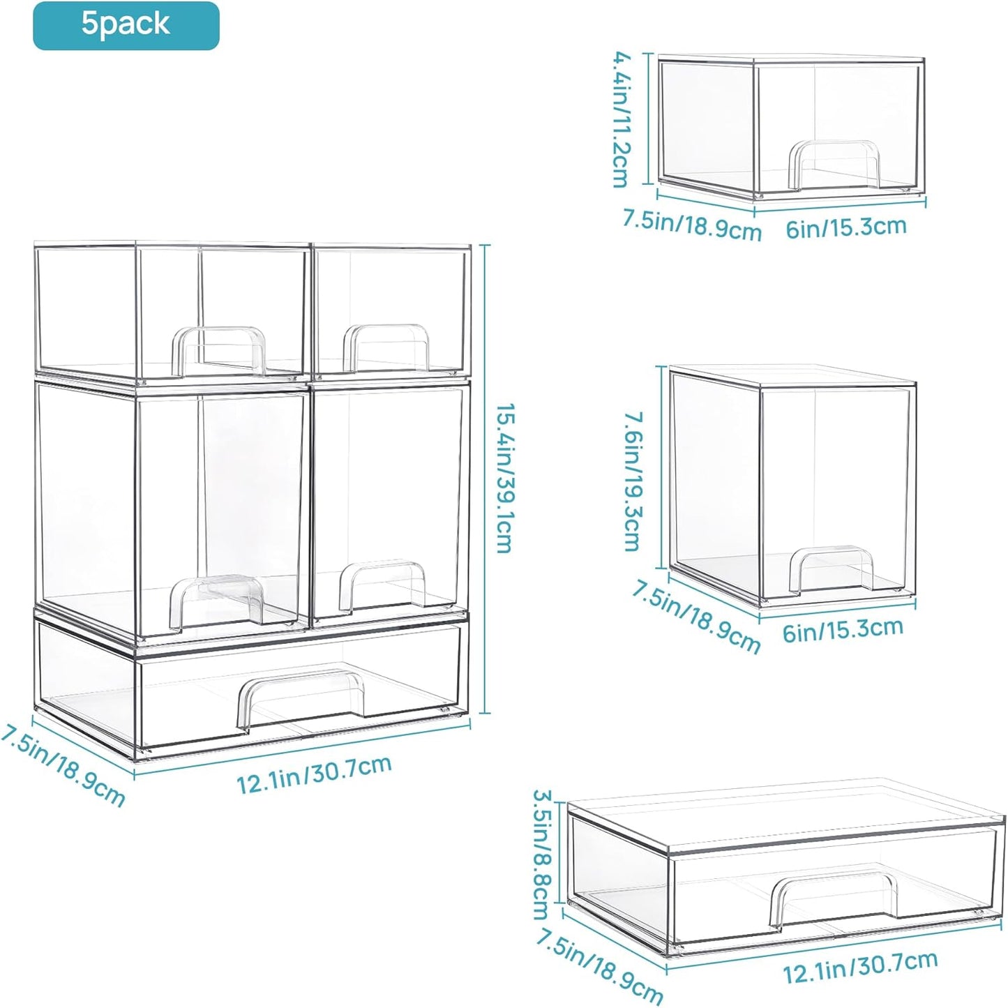 Vtopmart 3 Pack Stackable Clear Plastic Drawer Organizer, Makeup Organizers and Storage for Eyeshadow Palettes, Cosmetics, Beauty Supplies, Ideal for Vanity, Desk, Office, Bathroom Organization