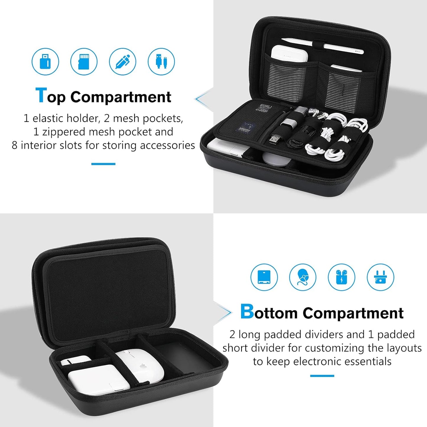 ProCase Hard Travel Electronic Organizer Case for MacBook Power Adapter Chargers Cables Power Bank Apple Magic Mouse Apple Pencil USB Flash Disk SD Card Small Portable Accessories Bag -L, Black