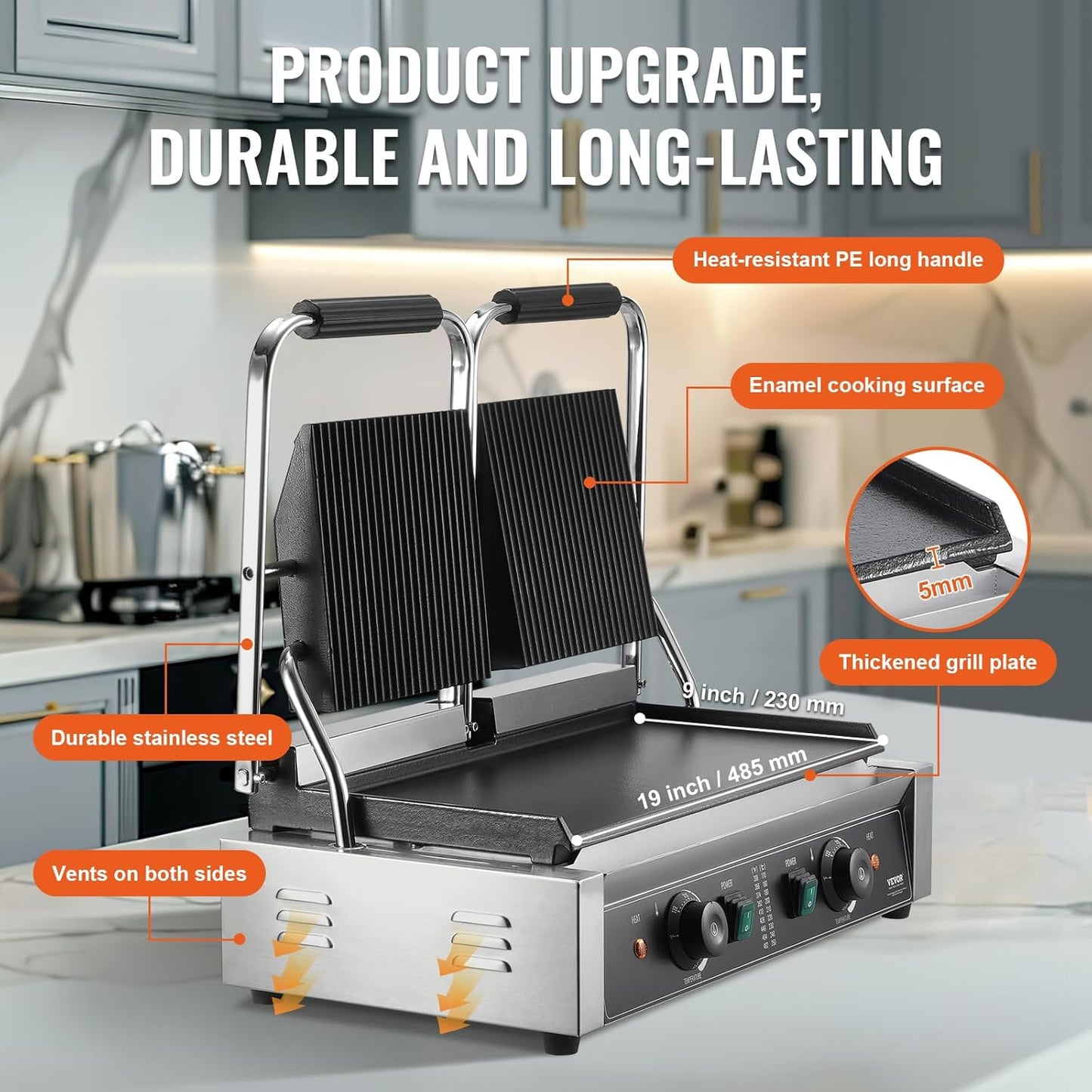 VEVOR 7 IN 1 Electric Contact Grill,1800W Indoor Panini Press Griddle,Stainless Steel Teppanyaki Grill with Nonstick&Removable Iron Plate, 0-446℉ Adjustable Temp Control,LCD Display,110V