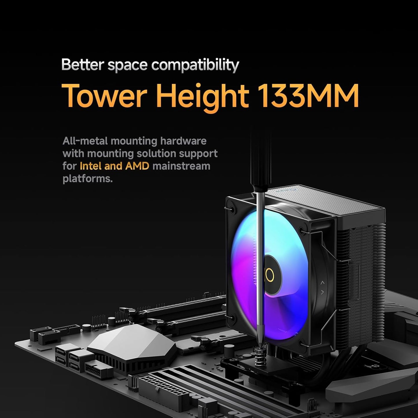 Gamma A40 ARGB BK CPU Cooler,100mm PWM Fan,133mm Height Single Tower Computer Compact CPU Air Cooler,4 Copper Heat Pipes,ARGB Function,Fancy Top Cover,for Intel LGA 115X/1200/1700/1851&AMD AM4/AM5