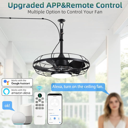 Outdoor Ceiling Fan with Light for Patios, 21" Garage Ceiling Fan Outdoor Hanging, IP65 Waterproof Plug in Ceiling Fan with Alexa/Google/App Control,3CCT Dimmable 6-Speeds for Patios Porch