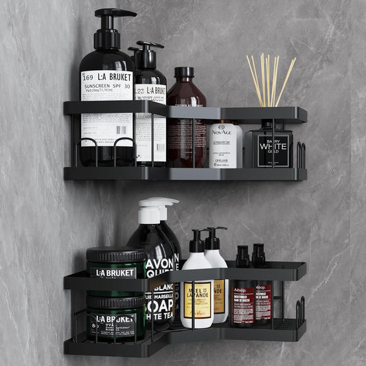 Shower Caddy, 2 Pack Bathroom Shelves, Adhesive Shower Shelf No Drilling, Black Shower Storage, Shower Organiser, Rust-Resistant Shower Caddy Corner, Shower Soap Holder, Bathroom Accessory