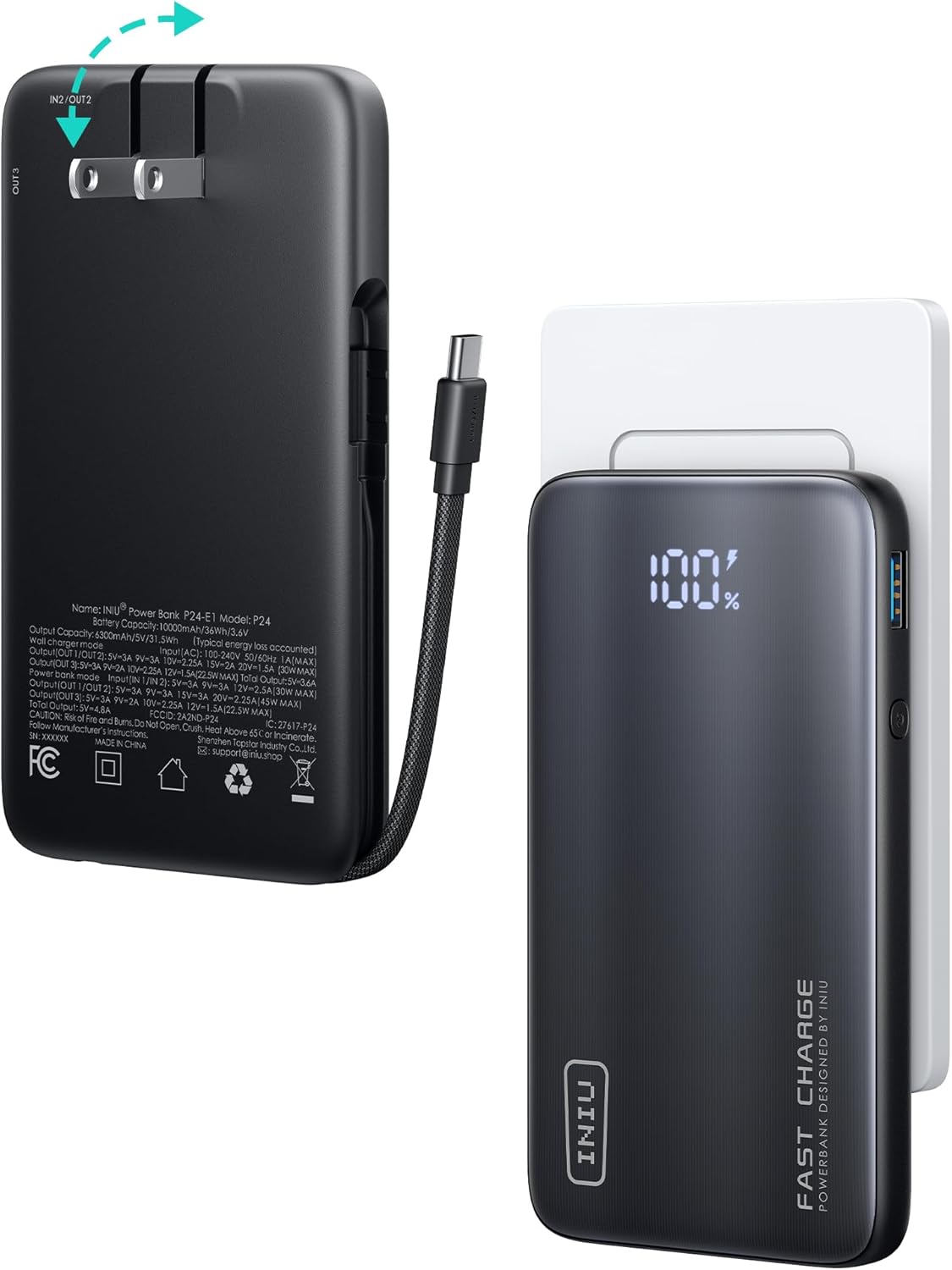 INIU 3-in-1 Portable Charger, Slim 10000mah Power Bank with Built-in USB C Cable and Foldable AC Plug, 45W PD Fast Charging Battery Pack, Travel Charger for iPhone 16 15 Samsung S23 S22 Google etc