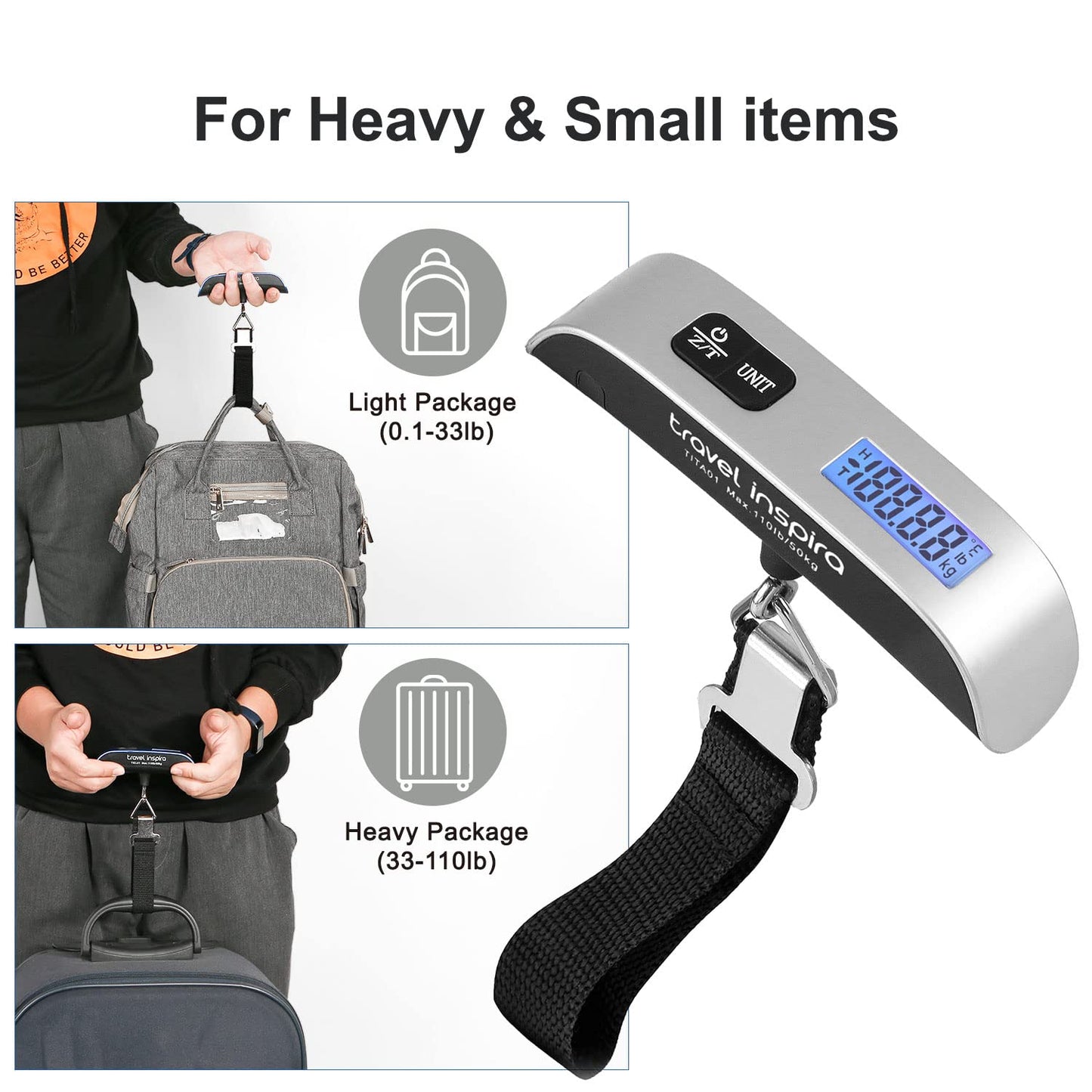 travel inspira Luggage Scale, Portable Digital Hanging Baggage Scale for Travel, Suitcase Weight Scale with Rubber Paint, 110 Pounds, Battery Included - Blue