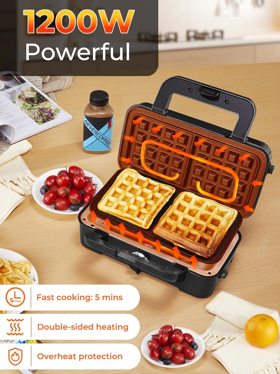 Sandwich Maker 3-in-1, Belgian Waffle Maker and Electric Panini Grill with 5-Gear Temperature and LED Indicator Lights, 3 Sets of Detachable Non Stick Plates, 1200W