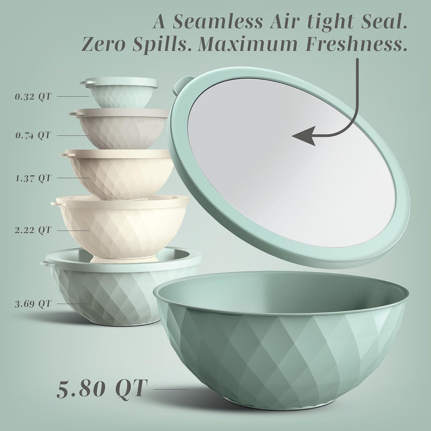 COOK WITH COLOR Mixing Bowls with TPR Lids - 12 Piece Plastic Nesting Bowls Set Includes 6 Prep Bowls and 6 Lids, Microwave Safe Mixing Bowl Set (Mint)