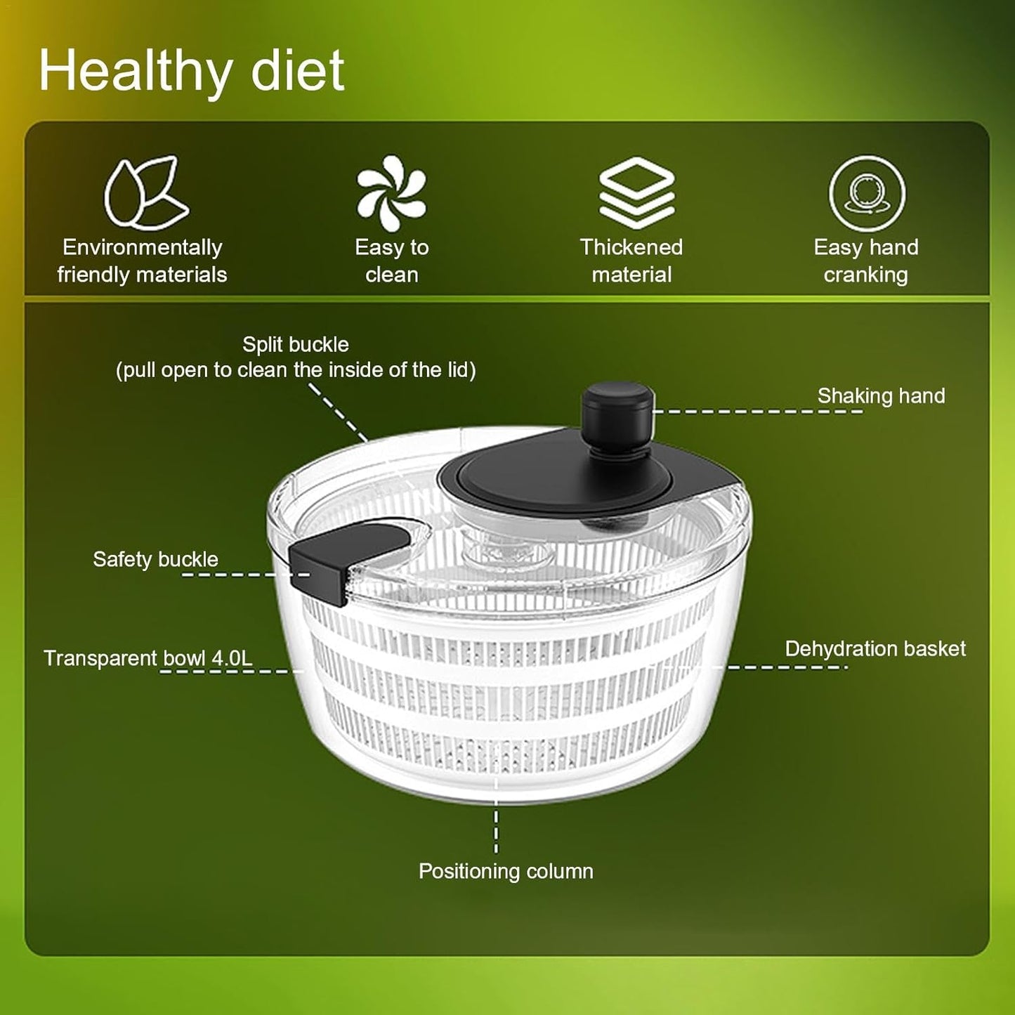 Manual Salad Spinner, Fruit Spinner and Strainer, Manual Lettuce Spinner with Secure Lid, Fruit Washer Spinner Bowl, Split Structure Lettuce Spinner with Bowl and Lid for Vegetable Fruit Dryer