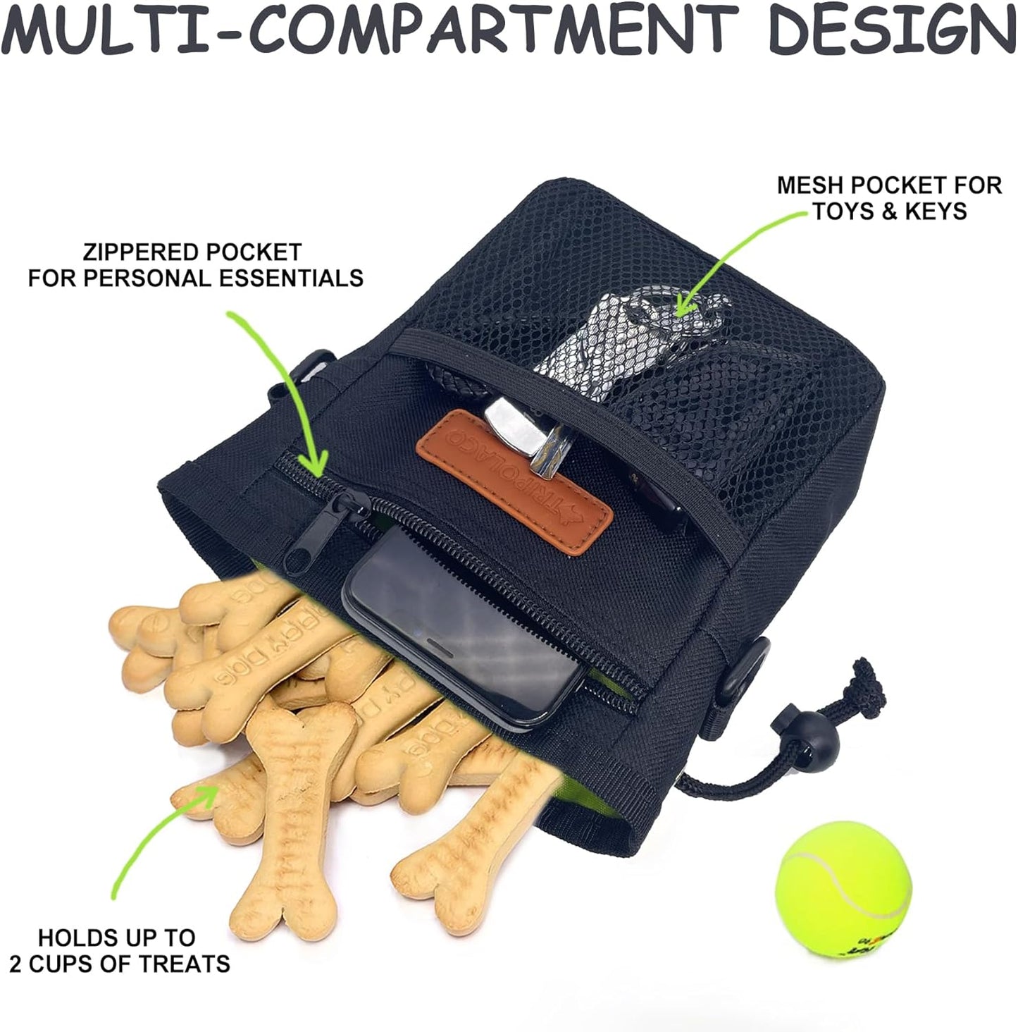 TRIPOLACO Dog Treat Pouch, Large Treat Pouches for Pet Training with Multiple Pockets, Built-in Poop Bag Dispenser & Phone Holder, 3 Wear Styles, Ideal Dog Treat Bag for Training & Walks