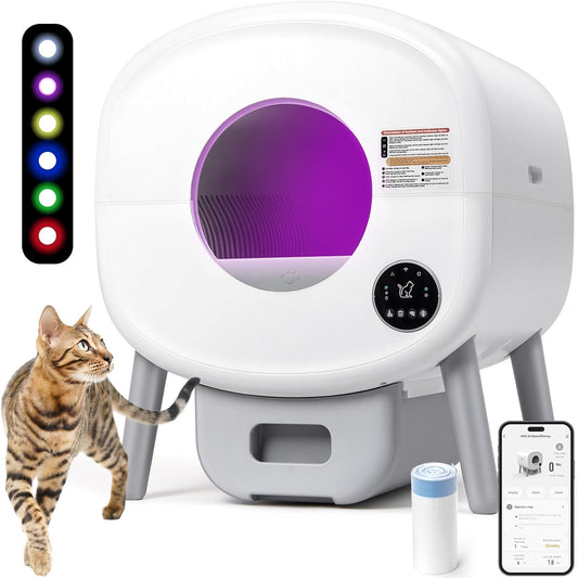 Fsitego Self Cleaning Cat Litter Box: Extra Large Automatic Litter Box for Multiple Cats, Odor-Free, App-Controlled, Ambient Light Waste Disposal