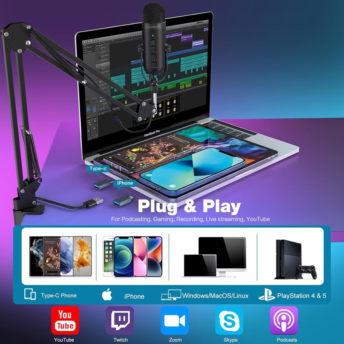 ZealSound USB Microphone,Condenser Phone Computer PC Mic kit,Plug&Play Gaming Microphones for PS 4&5.Mic Gain&Volume Control,Echo &Mute Button for Vocal,Record,Streaming,Discord YouTube Podcast on Mac