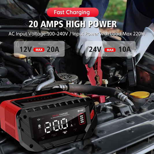 Lithium Lifepo4 Battery Charger,12V 24V Fully Automatic Car Battery Charger, 12 Volt-20A, 24 Volt-10A Trickle Charger maintainer, AGM Deep Cycle Battery Charger