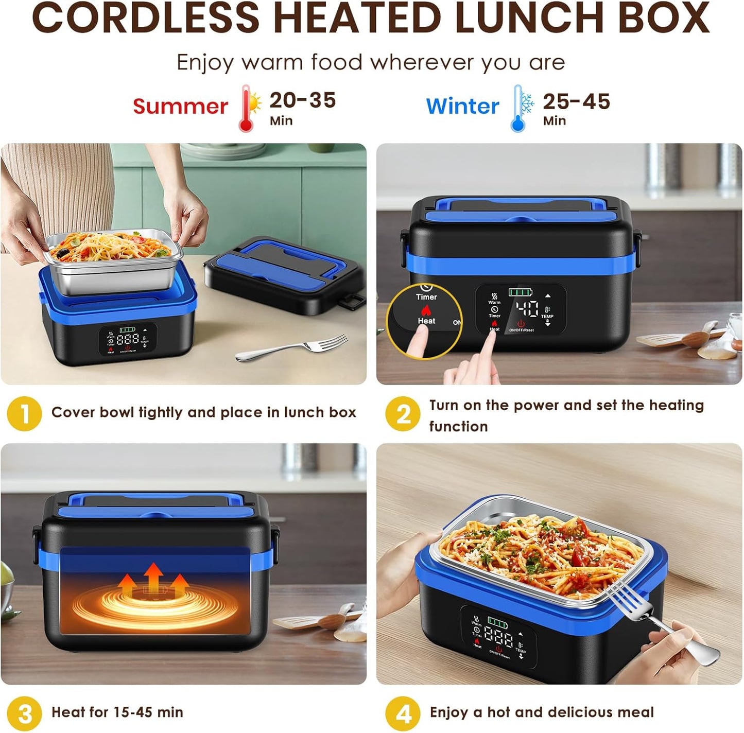 Cordless Electric Lunch Box, Battery Powered Heated Lunch Box, 1 Liter Food Insulated Lunchbox with Fork and Spoon Insulated Carrying Pouch for Truck Drivers Blue Collar (Deep Blacl)