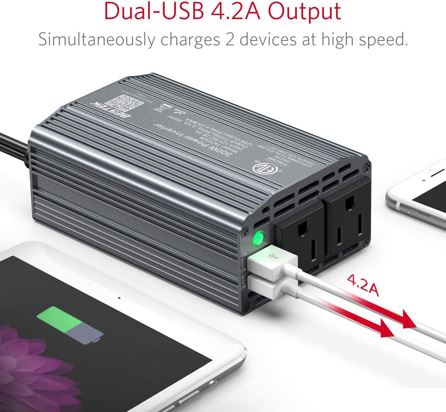 BESTEK Power Inverter DC 12V to AC 110V - 300W Car Plug Adapter Outlet with 4.8A Dual USB Fast Charging Port - Car Charger Cigarette Lighter Adapter for Phone, Laptop on Road Trip - Aluminum Housing