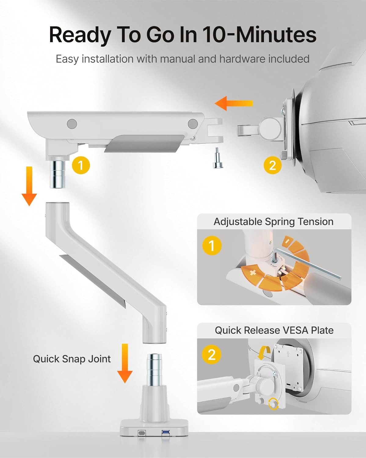 monTEK Premium Aluminum Monitor Arm for 17–57” Ultrawide Screens up to 59 lbs, USB 3.0 Single Desk Mount with Adjustable Gas Spring, Quick-Release Plate, 10-Min Assembly, Clamp/Grommet, VESA 100x100