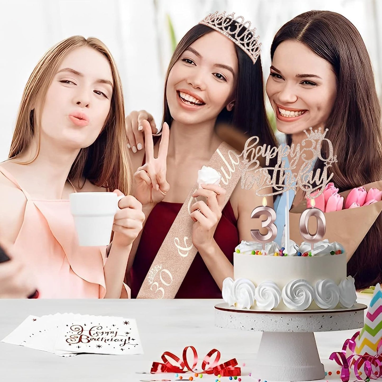 65th Birthday Decorations for Women, Including 65th Birthday Sash and Crown, Cake Topper and Candles, Number Balloons Rose Gold, 65 Year Old Gifts for Women