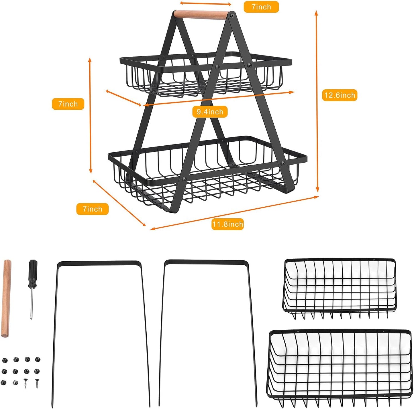 2 Tier Countertop Fruit Basket,Portable Fruit Bowle Basket for Kitchen Organizer Storage & Dining Room Fruits Vegetable Bread Snacks,MAHUEEOL Detachable Metal Rectangle Basket Storage