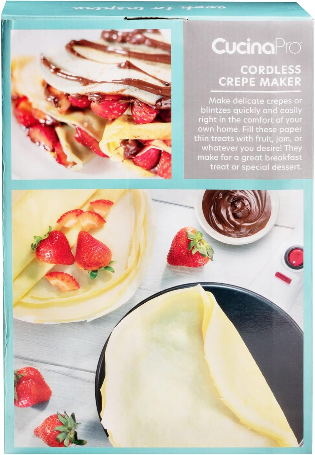 CucinaPro Cordless Crepe Maker- FREE Recipe Guide, NonStick Dipping Plate plus Electric Base & Batter Spatula, Portable Compact Baker, Homemade Holiday Morning Breakfast or Dessert Treat, Gift for Her