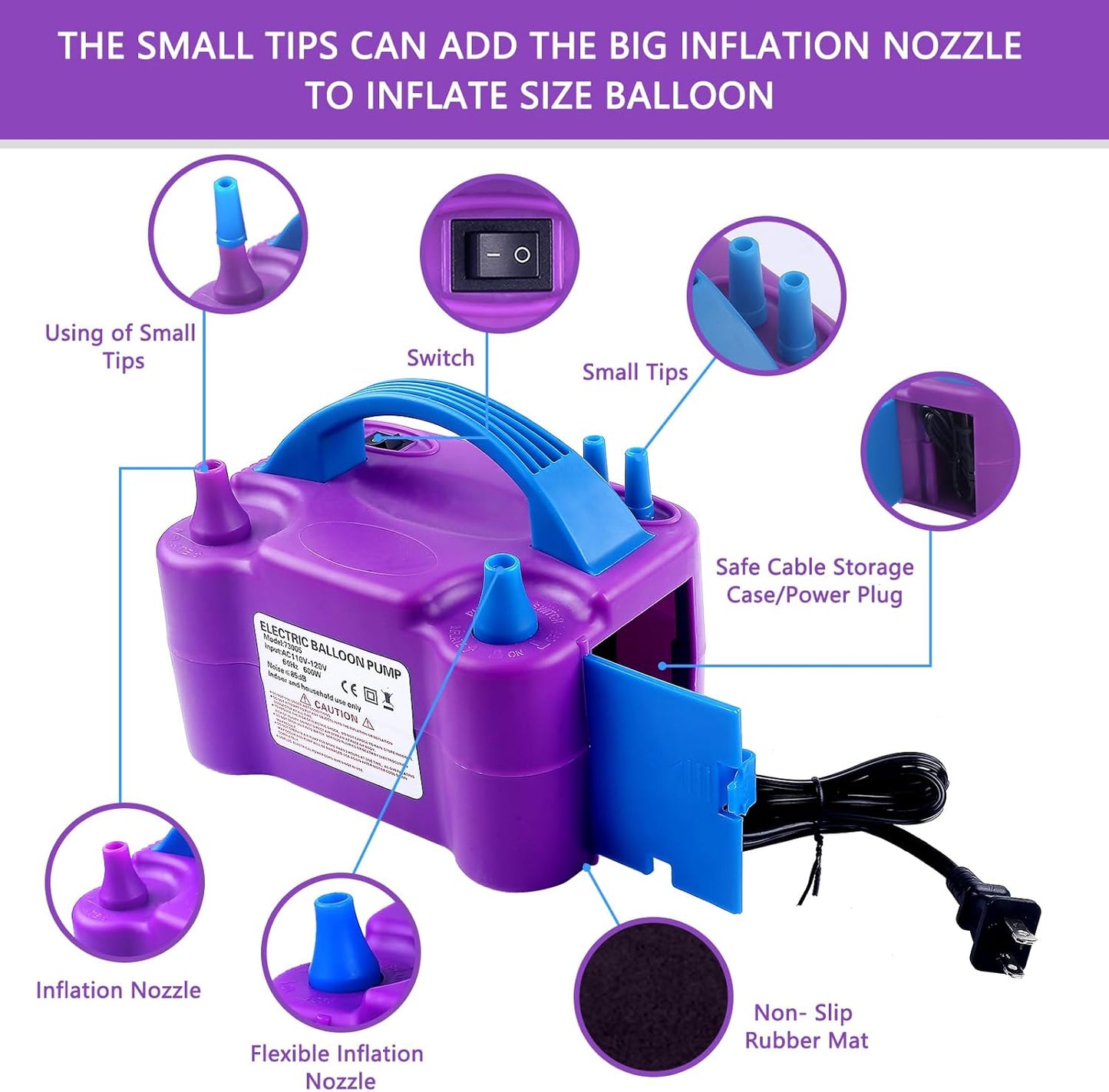 Electric Balloon Pump,Balloon Inflator, Dual Nozzle Electric Air Pump,Balloon Pump Balloons Blower 110V 600W for Party Decoration with Gifts:2 Balloon Tying Tools (Rose red)