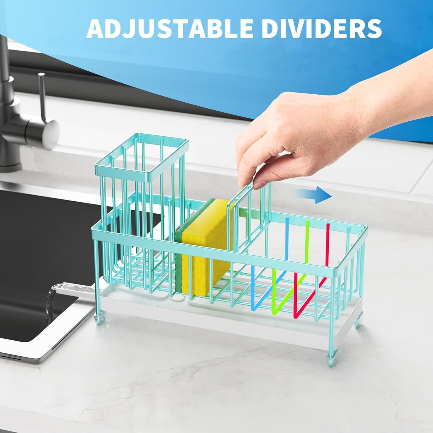 Cisily Sponge Holder for Kitchen Sink, Sink Caddy with High Brush Holder, Organzier Rustproof 304 Stainless Steel Dish Organizer Divider, Soap Dispenser Storage (Black)